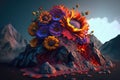 burning volcano with flowers