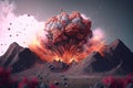 burning volcano with flowers