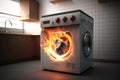 Burning Washing Machine In Modern Kitchen Apartment Design. Generative AI Royalty Free Stock Photo