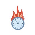 Burning watch vector flat illustration isolated on white background. Deadline, flaming clock, watch on fire sign.