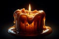 burning wax candle on a black background, conveying the detailed texture of melting wax and the warm glow of the flame