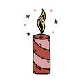 Burning wax candle vector icon. Striped red-pink candle for holidays - Christmas, New Year, Valentine's Day. Hand