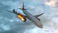 Burning white aircraft in the sky before crashing down. 3D illustration