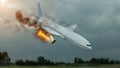 Burning white aircraft in the sky before crashing down. 3D illustration