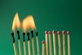 Burning and whole matches on green background. Stop destruction concept