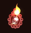 Burning wick in clay Indian diya. Diwali holiday