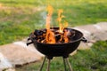 Burning wood in barbeque grill, preparing hot coals for grilling meat in the back yard. Shallow depth of field