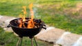 Burning wood in barbeque grill, preparing hot coals for grilling meat in the back yard. Shallow depth of field Royalty Free Stock Photo