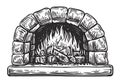 Oven for cooking and baking. Burning wood, firewood in a stone fireplace. Vector illustration