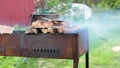 Burning wood in an iron chargrill. Close up view