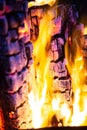 Burning glowing wood logs closeup