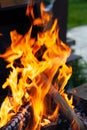 Burning wood logs, cooking on fire, warm evening, sparkles in the air, warm air from the fire Royalty Free Stock Photo