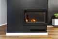 Burning wood in a modern fireplace with a closed combustion chamber standing in the living room, painted black, with corner pane. Royalty Free Stock Photo