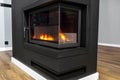 Burning wood in a modern fireplace with a closed combustion chamber standing in the living room, painted black, with corner pane. Royalty Free Stock Photo