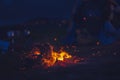 Burning wood at night. Campfire at nature in mountains. Flame and fire sparks. abstract background Royalty Free Stock Photo