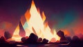 Burning wood at night. Campfire at touristic camp at nature in mountains. Flame amd fire sparks on dark abstract Royalty Free Stock Photo