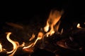 Burning wood at night. Campfire at touristic camp at nature in mountains. Flame amd fire sparks on dark abstract Royalty Free Stock Photo