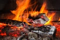 Burning wood at night. Flame and fire sparks on dark abstract background. Cooking barbecue outdoor.