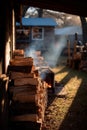 Burning Wood Stack in a Sunny Backyard Royalty Free Stock Photo