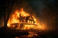 Burning wooden building at night, single family detached home completely destroyed by fire. House in flames and smoke. Concept of