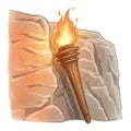 Burning Wooden Torch Fixed to a Rocky Cave Wall With Warm Orange Light Source Royalty Free Stock Photo