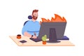 Burning work on pc. Burned man rushing working deadline task, exhausted busy employee at fire computer desktop