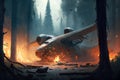 Burning wreck in the forest, 3d render. Conceptual illustration