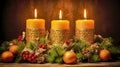 Burning yellow wax candles in a Christmassy arrangement with fir branches and baubles, made with generative ai