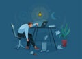 Burnout concept vector background. Tired man sitting on an office chair and trying work at the computer. Nighttime