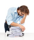 Burnout, headache and businessman with stack of paperwork for review, project and report. Thinking, stress and tired