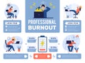 Burnout infographic. Stressed situation at work office busy lifestyle tired overload workers recent vector template with Royalty Free Stock Photo