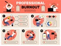 Burnout infographic template. Busy managers tired workers overload daily office routine stressed lifestyle recent vector