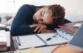 Burnout, sleeping student at desk with books while studying, reading or university education knowledge in room. Tired Royalty Free Stock Photo