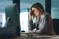 Burnout, stress and business woman in office, fatigue or tired while working late at night on computer. Headache Royalty Free Stock Photo