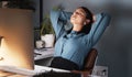 Burnout, tired or business woman sleeping on the desk in office at night taking break. Fatigue, startup employee relax Royalty Free Stock Photo