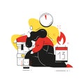 Burnout woman employee sleep at work get bogged down in paper documents vector flat illustration