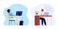 Burnout at work. Tired woman, stress man worker at office. Flat overwhelmed characters, sleep female and sick workaholic Royalty Free Stock Photo