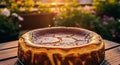 Burnt basque cheesecake with caramelized crust, presented outdoors at sunset Royalty Free Stock Photo