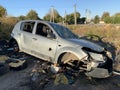 Burnt and blown up car. Traces of shots on the body of the car. Cars damaged after shelling. War between Russia and Ukraine, Kyiv