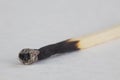 Burnt charred black head of small wooden match stick isolated against white background Royalty Free Stock Photo