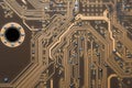 Burnt circuit board abstract background. spoiled motherboard close up. Intelligent technology