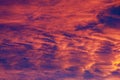 Burnt dark dramatic hurricane clouds in the sky in windy weather after sunset. Background with copy space Royalty Free Stock Photo