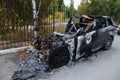 Burnt exploded car. Consequences of disaster or terrorist attack Royalty Free Stock Photo