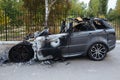 Burnt exploded car. Consequences of disaster or terrorist attack Royalty Free Stock Photo