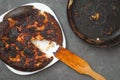 burnt food. carcinogen. plate and pan with leftovers from dinner.