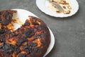 burnt food. carcinogen. plate and pan with leftovers from dinner.