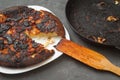 burnt food. carcinogen. plate and pan with leftovers from dinner.