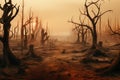 Burnt forest, dead trees. Wildfire disaster