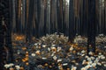 Burnt forest regrowth with wildflowers blooming among charred trees in a tranquil natural setting