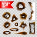Burnt holes scorched paper vector isolated set on transparent background Royalty Free Stock Photo